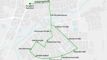 Ein Kartenausschnitt von Burgdorf. Der Linienweg von albus ist in grün verzeichnet. 