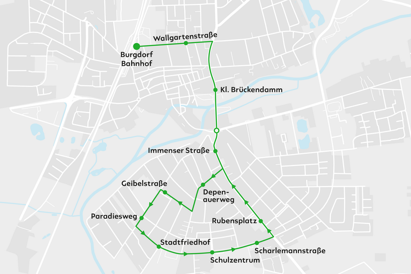 Karte des Linienverlaufs der Route von albus durch Burgdorf