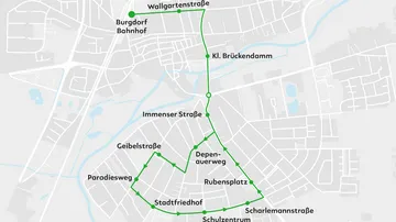 Ein Kartenausschnitt von Burgdorf. Der Linienweg von albus ist in grün verzeichnet.