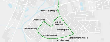 Ein Kartenausschnitt von Burgdorf. Der Linienweg von albus ist in grün verzeichnet.