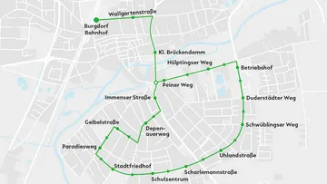 Ein Kartenausschnitt von Burgdorf. Der Linienweg von albus ist in grün verzeichnet. 