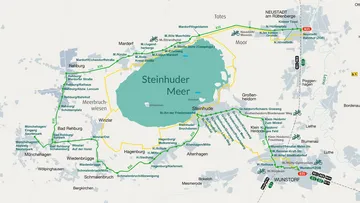 Übersichtskarte der Fahrradbus-Linie 835 rund um das Steinhuder Meer mit allen Haltestellen.