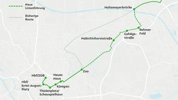 Straßenkarte mit dem Streckenverlauf der ÜSTRA Linie 900 entlang der Waldchaussee.