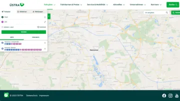 Das ist ein Screenshot der Seite Fahrplan-Auskunft auf der Website der ÜSTRA. Zu sehen ist eine Straßenkarte von Hannover. Links im Bild ist ein Fenster mit drei Reitern. Sie heißen Fahrplan, Abfahrten und Meldungen. 