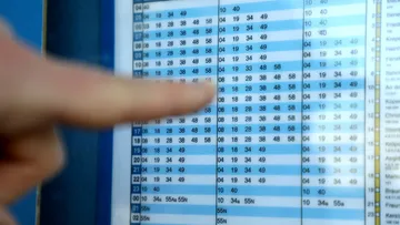 Zeigefinger deutet auf Abfahrtzeiten auf einem ausgehängten ÜSTRA Fahrplan