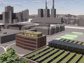 Ein 3D Modell, wie der Neubau auf Glocksee aussehen soll. Im Vordergrund ist ein großes und breites Gebäude mit vielen Glasflächen auf dem Dach. Dahinter ist ein schmales sechseckiges Gebäude mit vielen Fenstern und fünf Etagen. Im Hintergrund ist schematisch die Umgebung dargestellt mit Stadtbahnen, weiteren Gebäuden, Ihmezentrum und den drei warmen Brüdern.