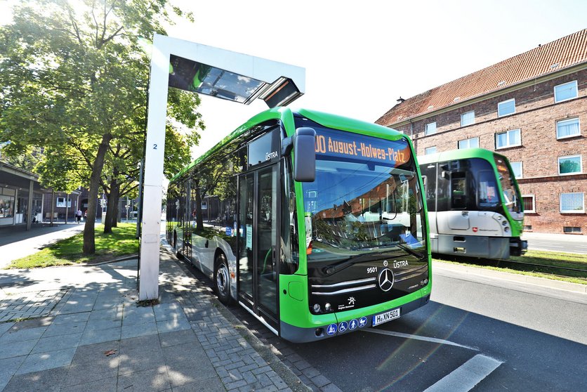 Geladen wird mittels Pantografen auf dem Dach der Fahrzeuge, der sich mit den Ladehauben verbindet. 