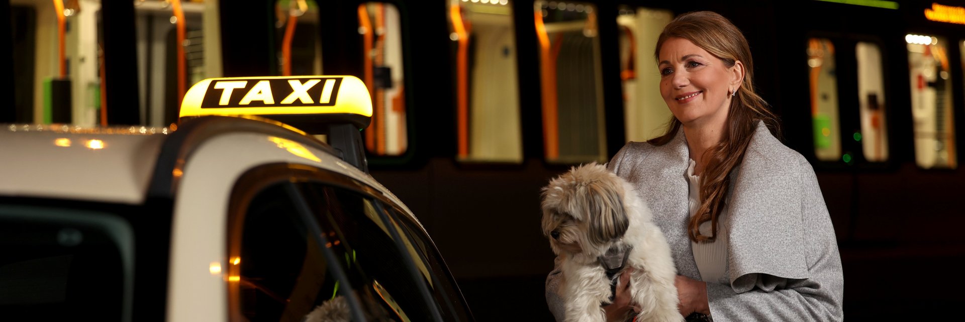 Weiblicher Fahrgast neben einem (Frauennacht-)Taxi