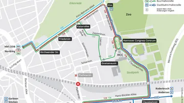 Die Karte veranschaulicht die Umleitungsfahrweg der Linien 128 und 134 durch die Sperrung der Plathnerstraße.