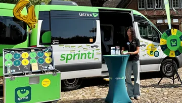 Ein sprinti Fahrzeug steht auf der Roadshow mit offenen Türen und davor ein Glücksrad und verschiedenes Veranstaltungsequipment.