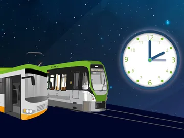 Zu sehen ist eine Grafik mit dunkelblauem Hintergrund. Links im Bild sind ein gemalter ÜSTRA Bus und eine ÜSTRA Stadtbahn zu sehen. Rechts im Bild ist sehr präsent eine große Uhr zu sehen, deren Zeiger auf 2, bzw. 3 Uhr zeigen und die Zeitumstellung symbolisieren. 