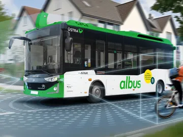 Ein künstlich erzeugtes Bild des albus, der auf einer Straße fährt. Linien die vom Bus zu einem vorausfahrenden Auto und einem nebenherfahrenden Fahrrad führen, symbolisieren die Sensoren, die im Bus verbaut wurden.