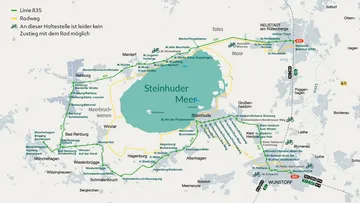 Übersichtskarte der Fahrradbus-Linie 835 rund um das Steinhuder Meer mit allen Haltestellen.